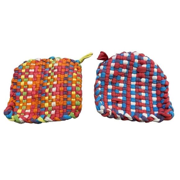 Hand Woven Pot Holder Set 2Pc Multicolored Kitchenware - Picture 1 of 5